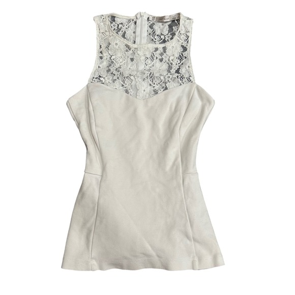 Zara Tops - Zara Trafaluc White Lace Peplum Sleeveless Top XS Floral Illusion Neckline
